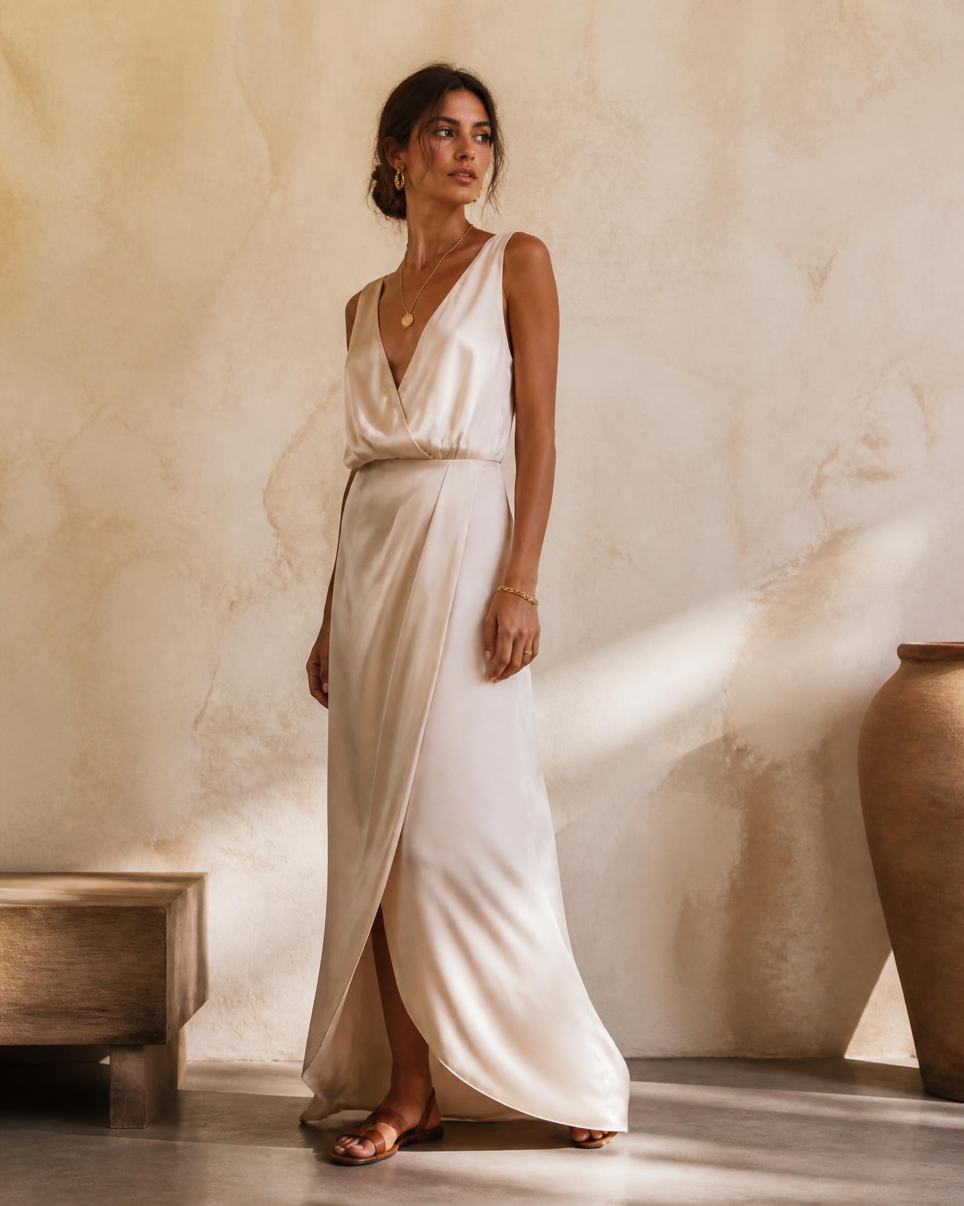 Femme portant une robe en soie crème de la maison Shanti